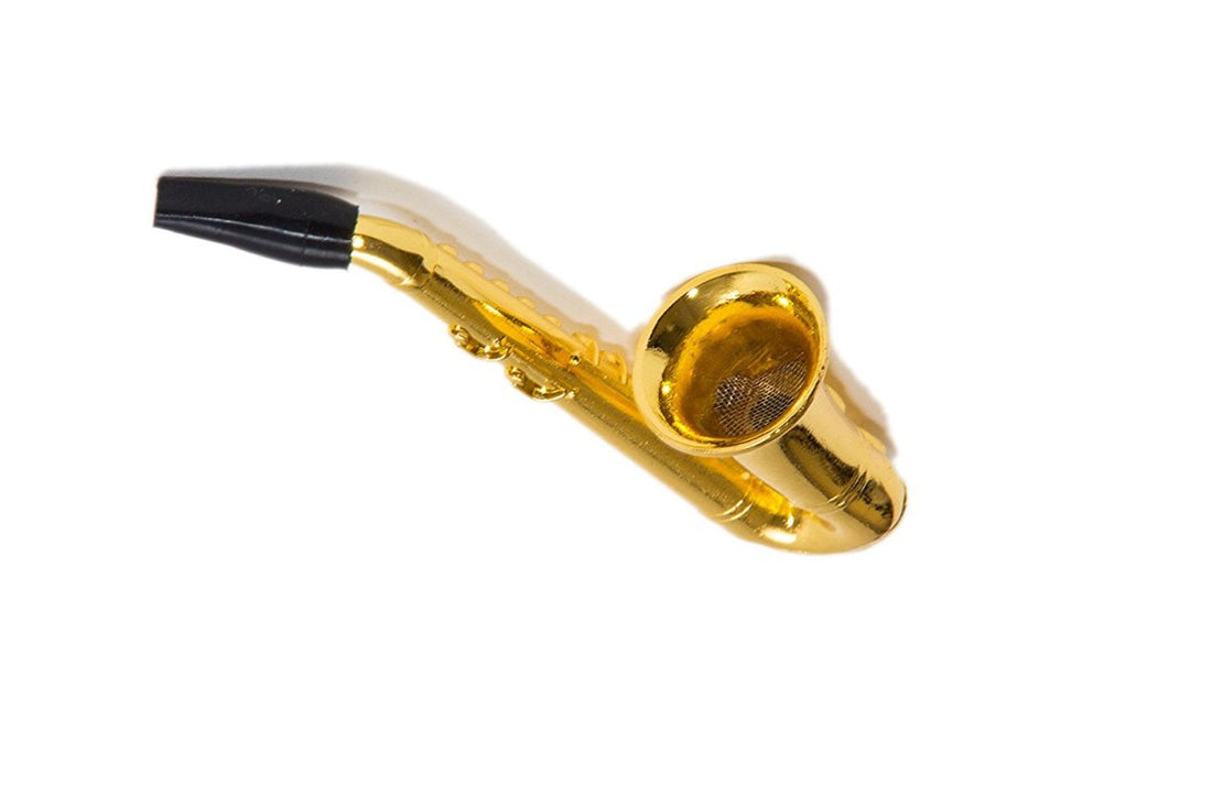 mini gold-tone saxophone metal tobacco pipe with screens
