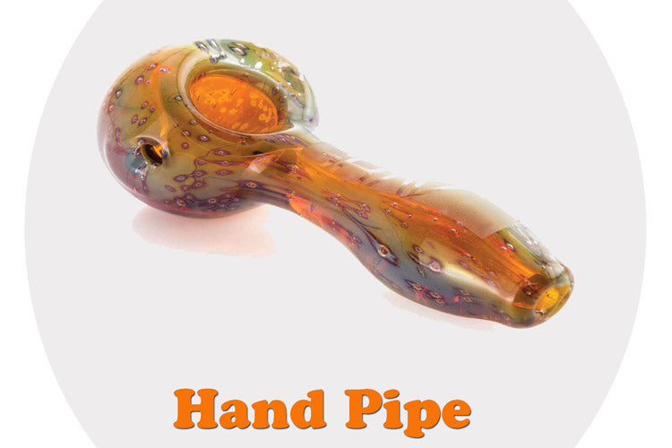 Glass hand pipe with an orange and brown color scheme on a white background