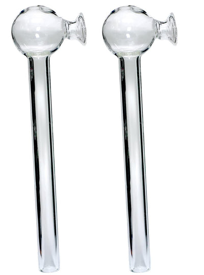 Clear glass oil burner pipes with wide funnel-shaped tops and straight stems