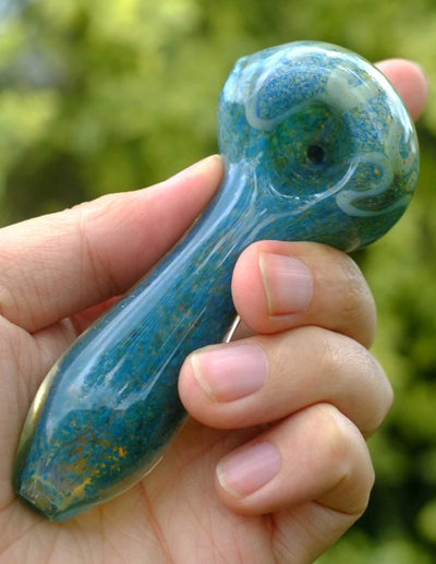 Blue-green patterned 4.5-inch glass spoon pipe with an open bowl and rounded mouthpiece