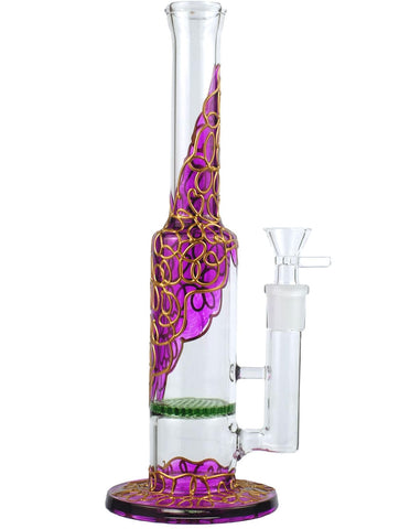A purple glass water pipe with a honeycomb pattern on the percolator and a straight neck. It has a base and stands upright.